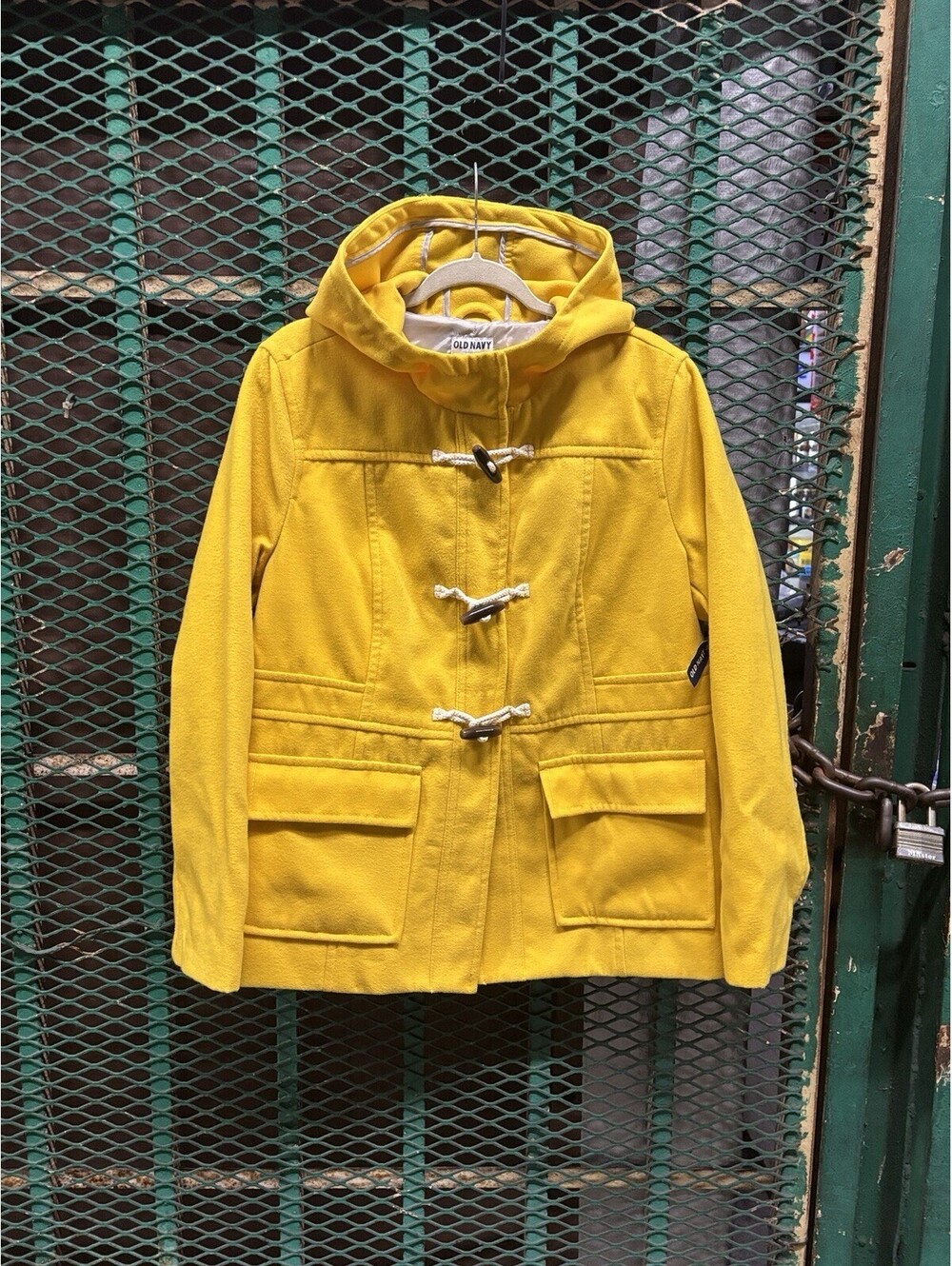 NEW Old Navy Toggle Coat Womens XL Yellow Wool Blend Hooded Duffle Jacket VTG